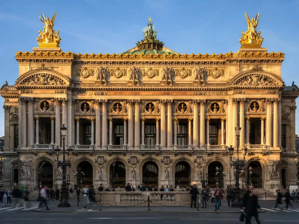 Die Fassade des Palais Garnier mit dem vergoldeten Apoll zwischen Poesie und Musik auf der Dachlinie